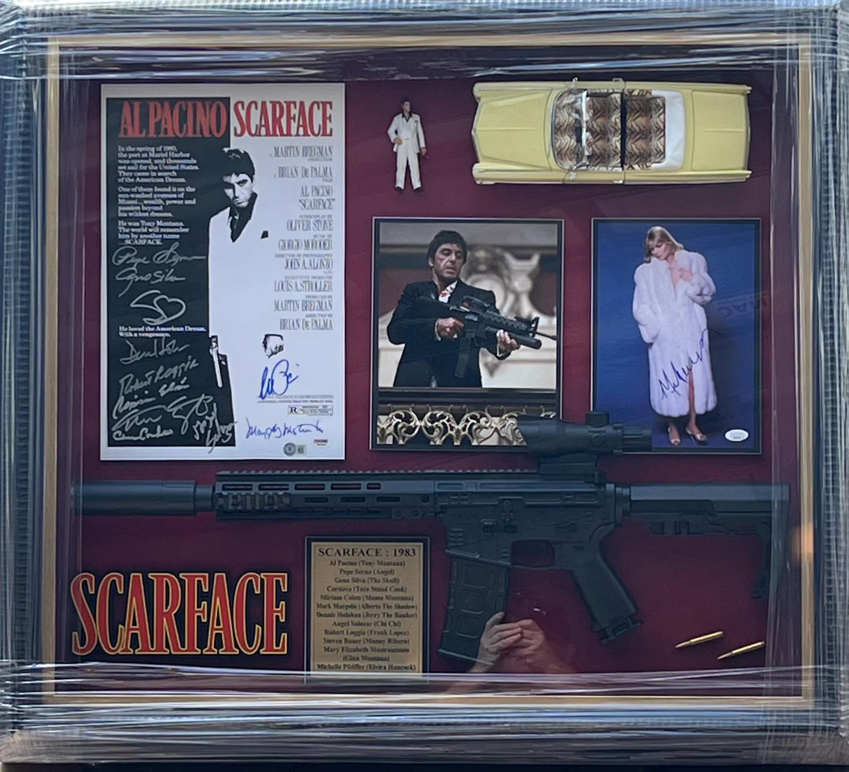 Scarface Cast Signed Shadowbox Display with Prop Gun Certified Signatures