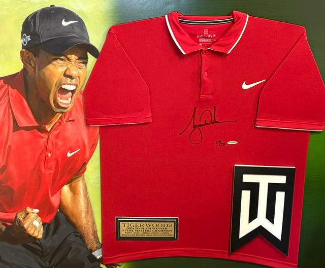 Tiger Woods Signed RED Sunday NIKE Collared Shirt Framed UDA Upper Deck
