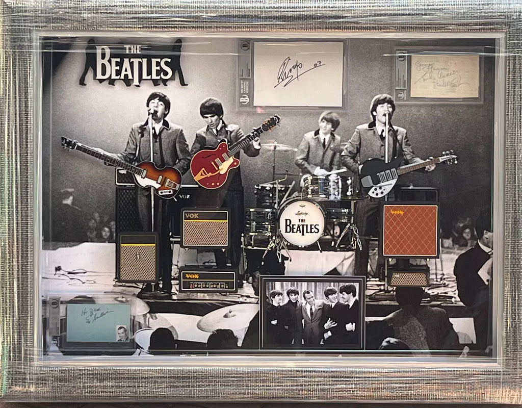 THE Beatles group signed Collage Shadowbox Certified Signatures