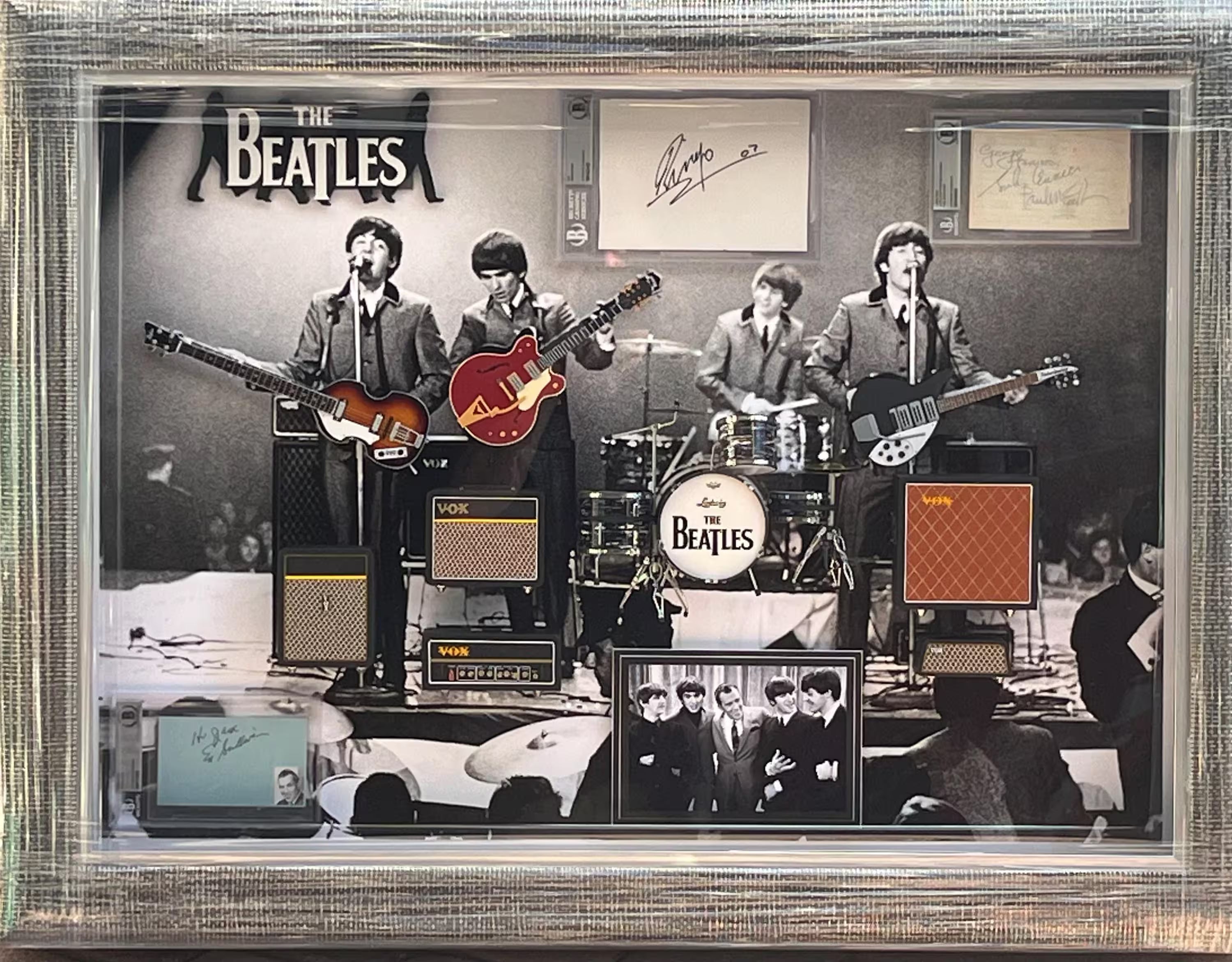 THE Beatles group signed Collage Shadowbox Certified Signatures
