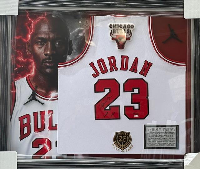 Michael Jordan Signed LE Of 23 White Bulls Jersey with Retirement Patch Custom Framed UDA