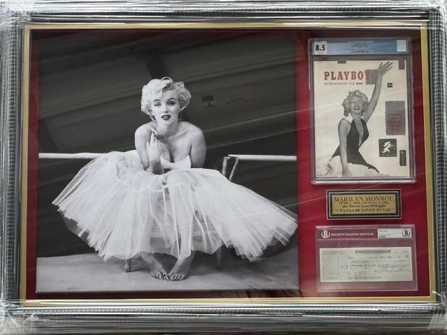 Marilyn Monroe Signed Personal Check Becket Slabbed Custom Framed Playboy Magazine Canvas