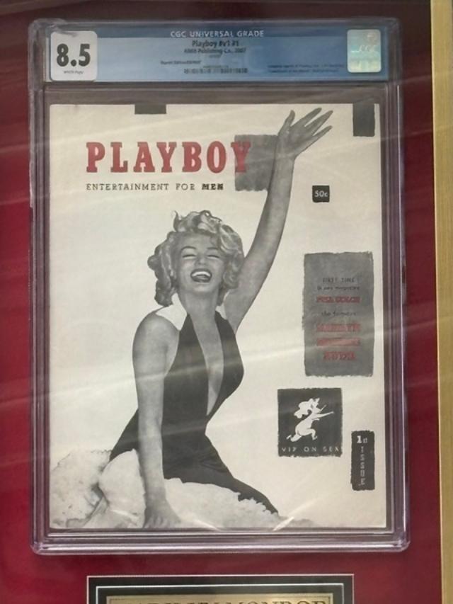 Marilyn Monroe Signed Personal Check Becket Slabbed Custom Framed Playboy Magazine Canvas