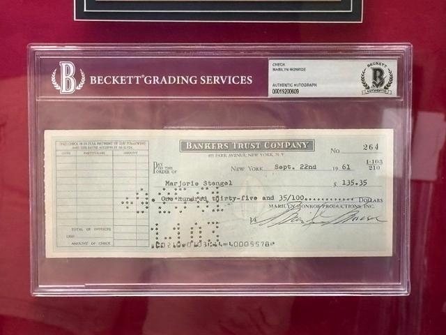 Marilyn Monroe Signed Personal Check Becket Slabbed Custom Framed Playboy Magazine Canvas