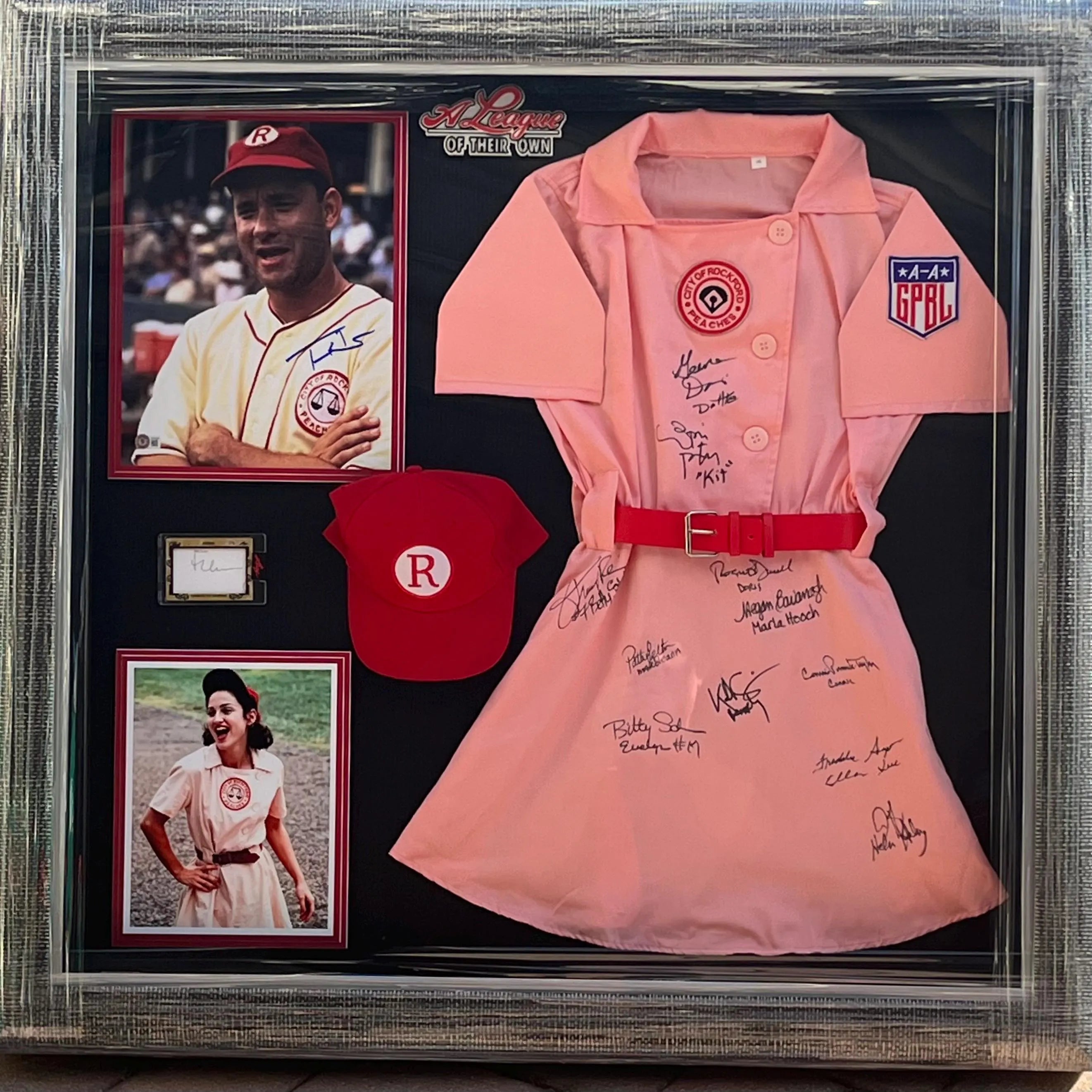 A League Of Their Own Cast Signed Shadowbox Display with Props. Certified signatures.