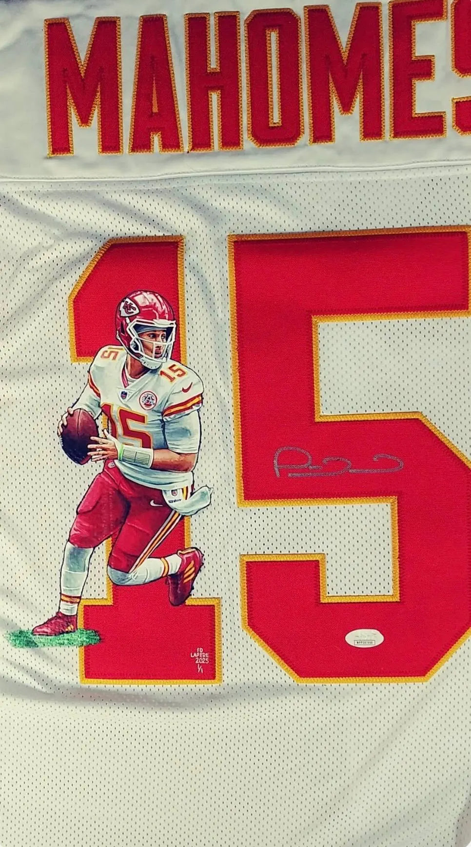 Patrick Mahomes Signed Jersey with Hand Painted Photo. JSA Certified
