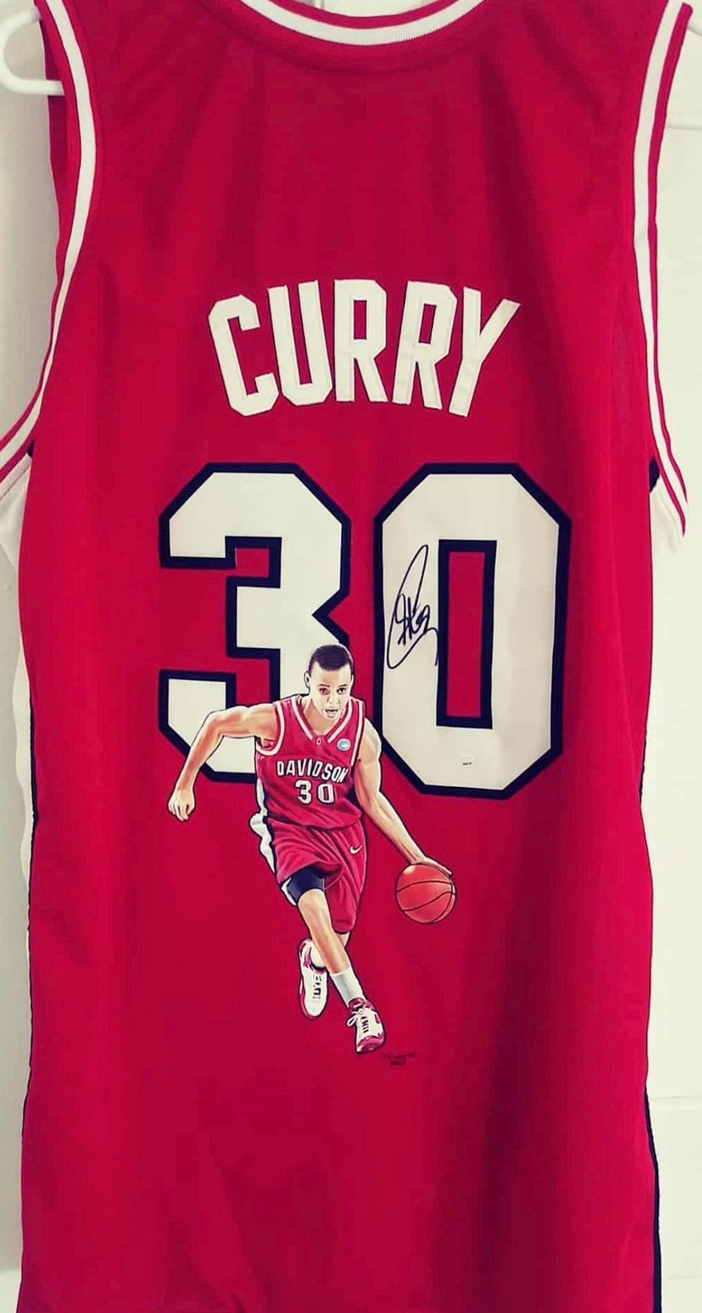 Stephen Curry Signed Jersey with Hand Painted Photo. JSA Certified