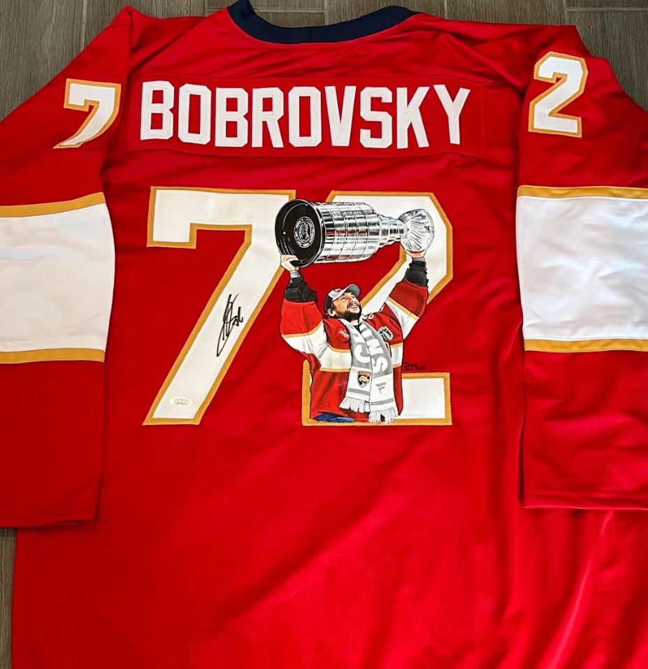 Sergei Bobrovsky Signed jersey with custom hand painted photo. JSA Certified