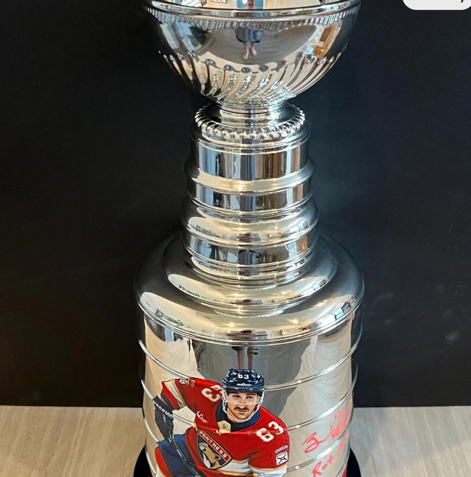 Brad Marchand Signed Replica Mini Stanley Cup with custom hand painted photo. Marchand Certified