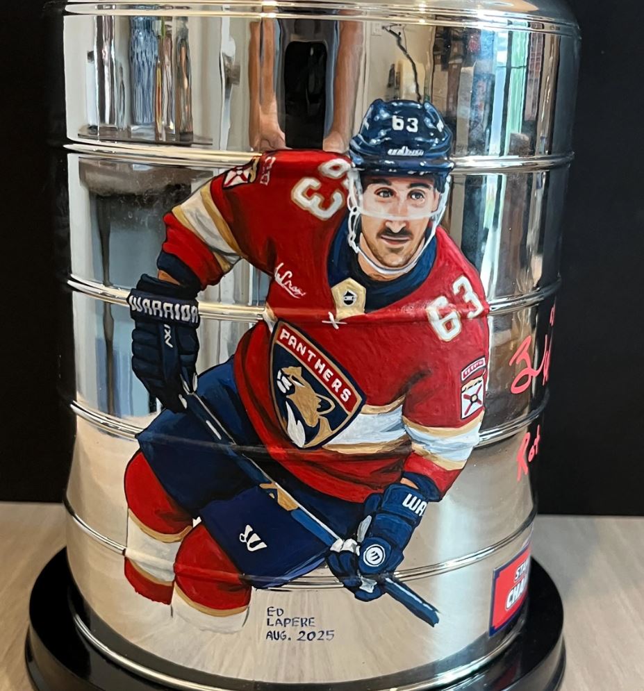Brad Marchand Signed Replica Mini Stanley Cup with custom hand painted photo. Marchand Certified