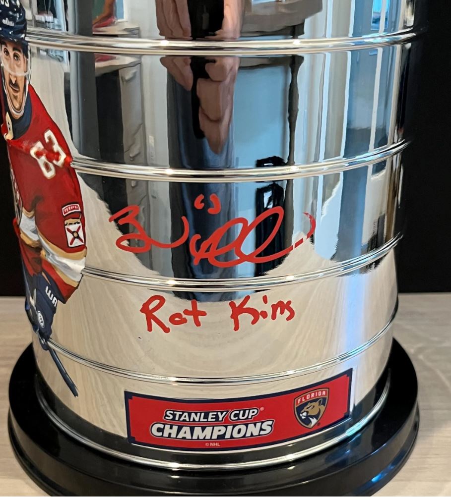 Brad Marchand Signed Replica Mini Stanley Cup with custom hand painted photo. Marchand Certified