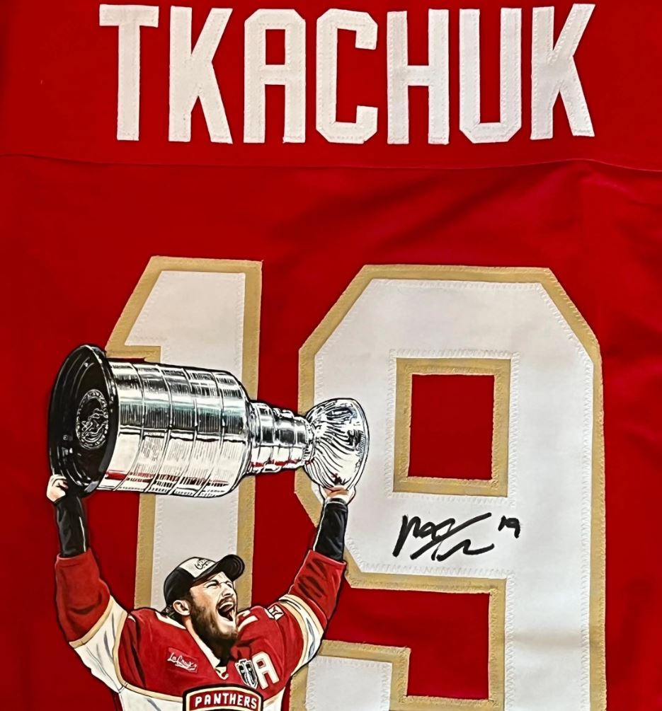 Matthew Tkachuk Signed jersey with custom hand painted photo. JSA Certified