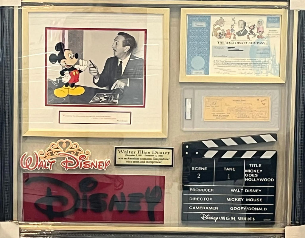 Walt Disney Signed Check collage certified by PSA/DNA. custom framed
