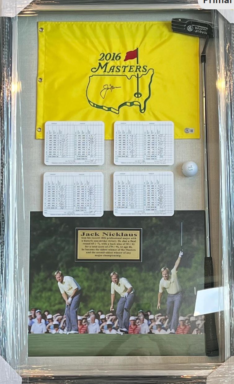 Jack Nicklaus Signed Masters Flag Shadowbox Display Beckett Certified