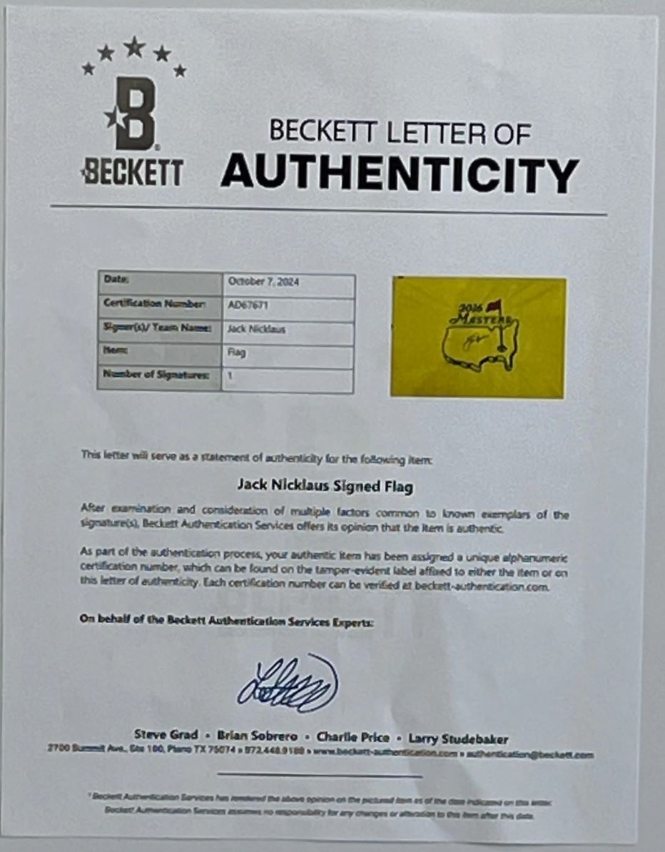 Jack Nicklaus Signed Masters Flag Shadowbox Display Beckett Certified