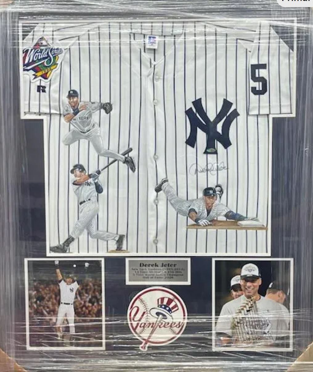 Derek Jeter Signed Jersey with 3 hand painted photos Steiner Certified Custom Framed