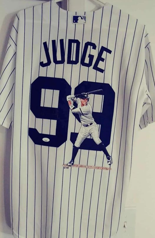 Aaron Judge Signed Jersey with hand painted photo. JSA Certified