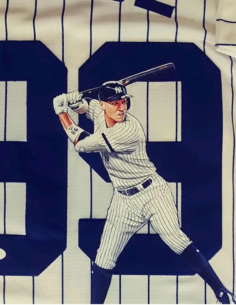 Aaron Judge Signed Jersey with hand painted photo. JSA Certified