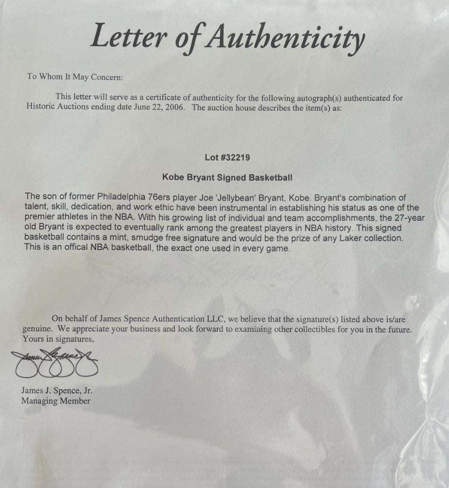 Kobe Bryant Signed NBA Authentic Leather Basketball. JSA Authentication with Display Case