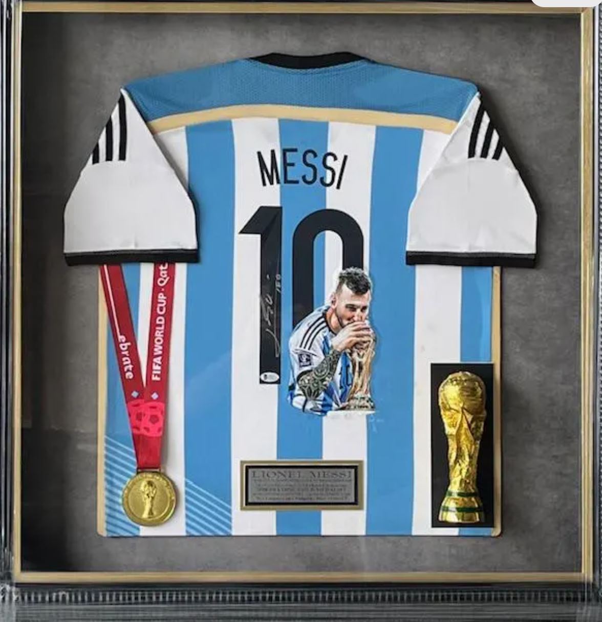 Lionel Messi Signed Argentina World Cup Jersey Hand Painted Shadowbox