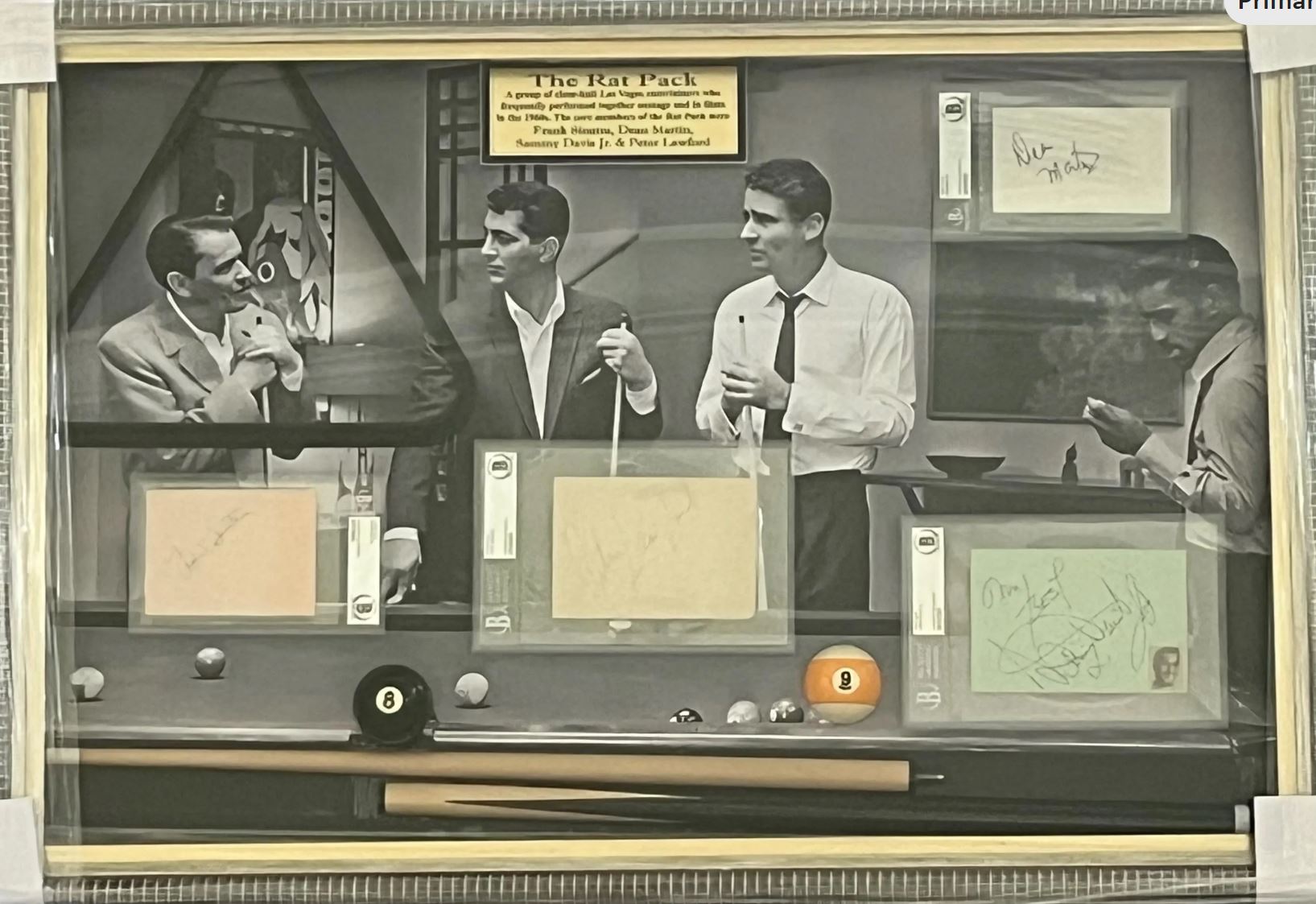 The Rat Pack Signed shadowbox display. Sinatra, Davis Jr., Martin & Lawford. Beckett Certified