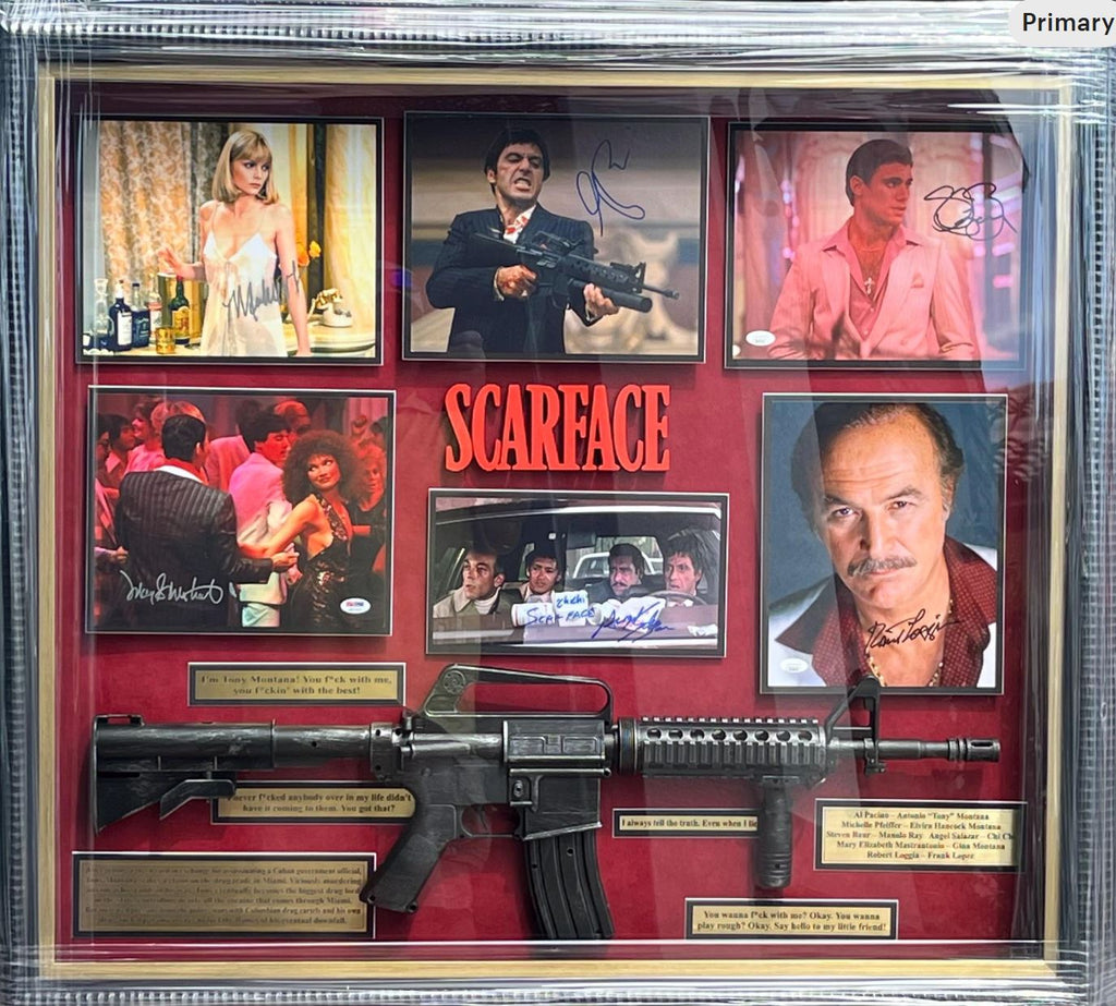 Scarface Cast Signed Shadowbox Display with Prop Gun. Certifed signatures.