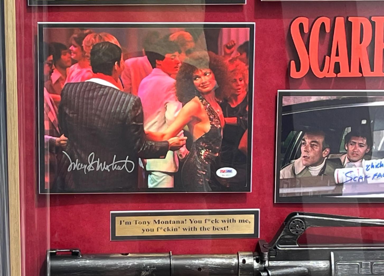 Scarface Cast Signed Shadowbox Display with Prop Gun. Certifed signatures.