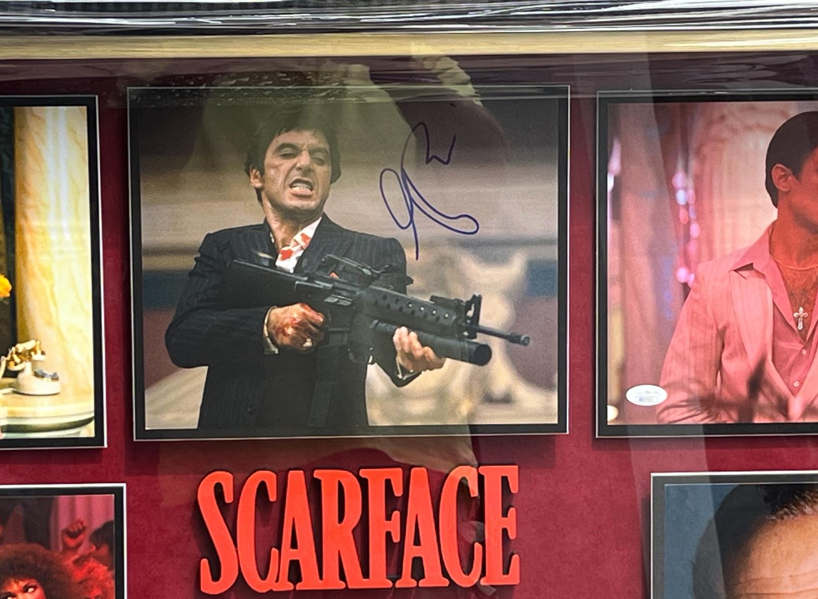 Scarface Cast Signed Shadowbox Display with Prop Gun. Certifed signatures.