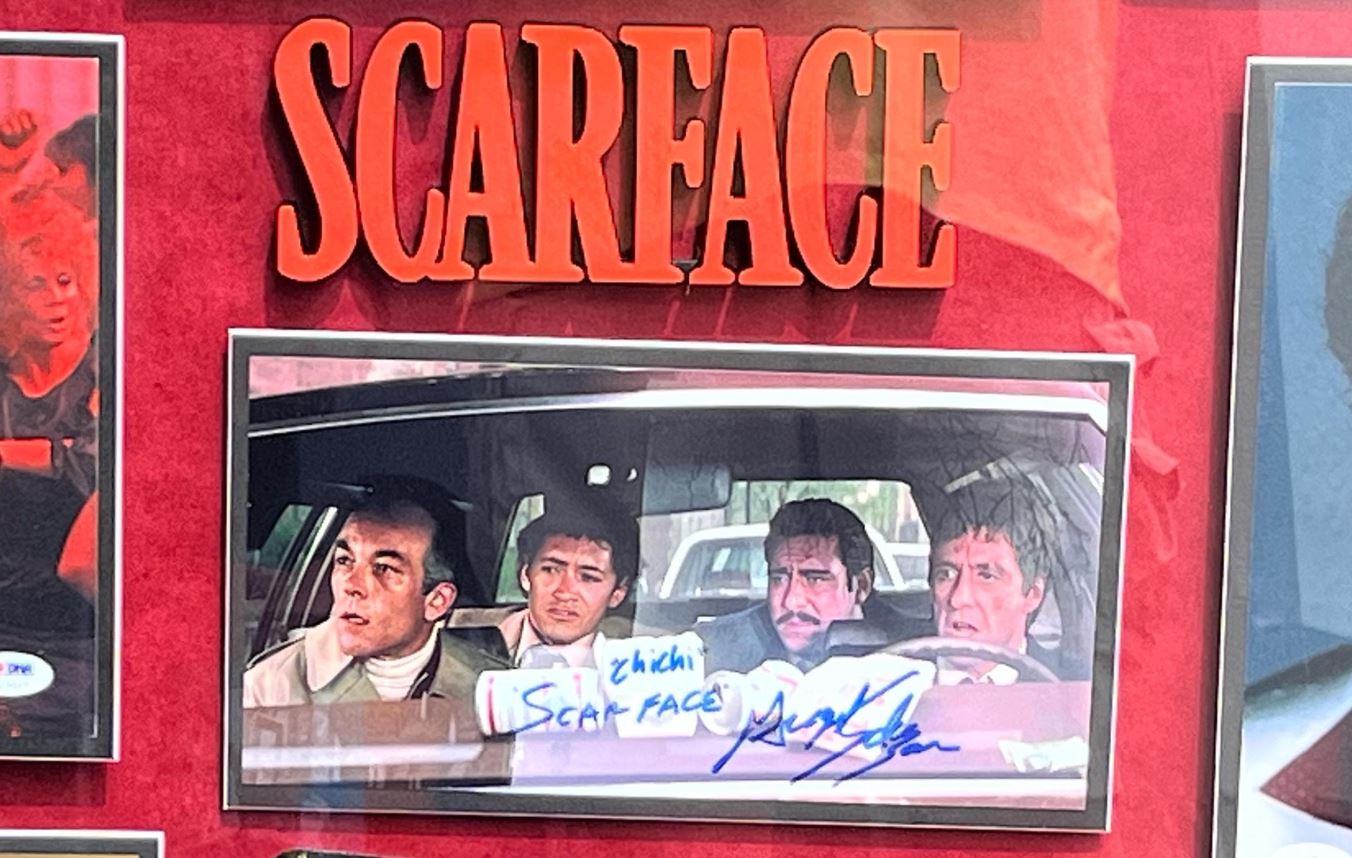 Scarface Cast Signed Shadowbox Display with Prop Gun. Certifed signatures.