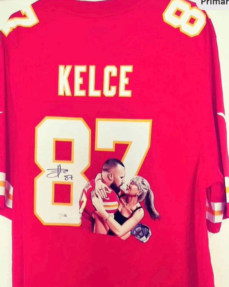 Travis Kelce Signed Jersey with hand painted photo Taylor Swift Fanatics Certified