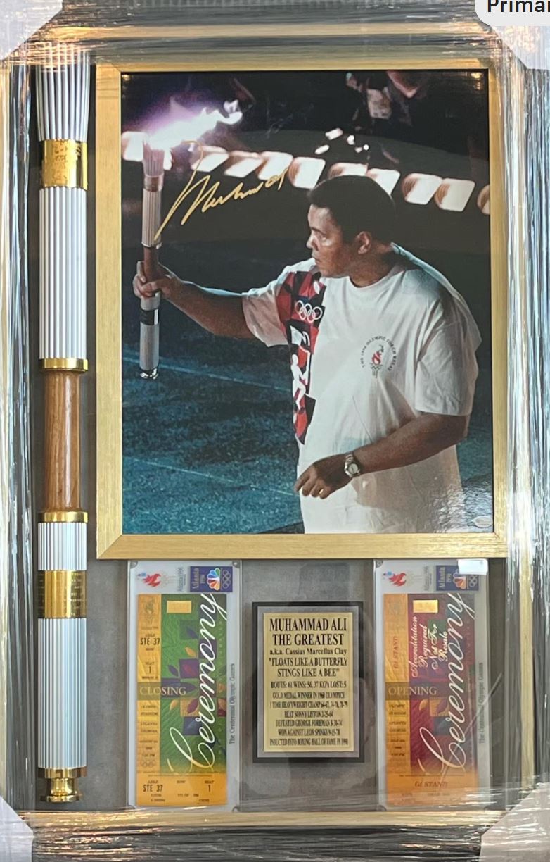 Muhammad Ali Signed Shadowbox Display featuring a 1996 Olympic Torch & Tickets