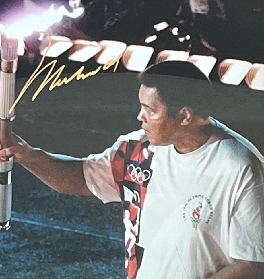 Muhammad Ali Signed Shadowbox Display featuring a 1996 Olympic Torch & Tickets