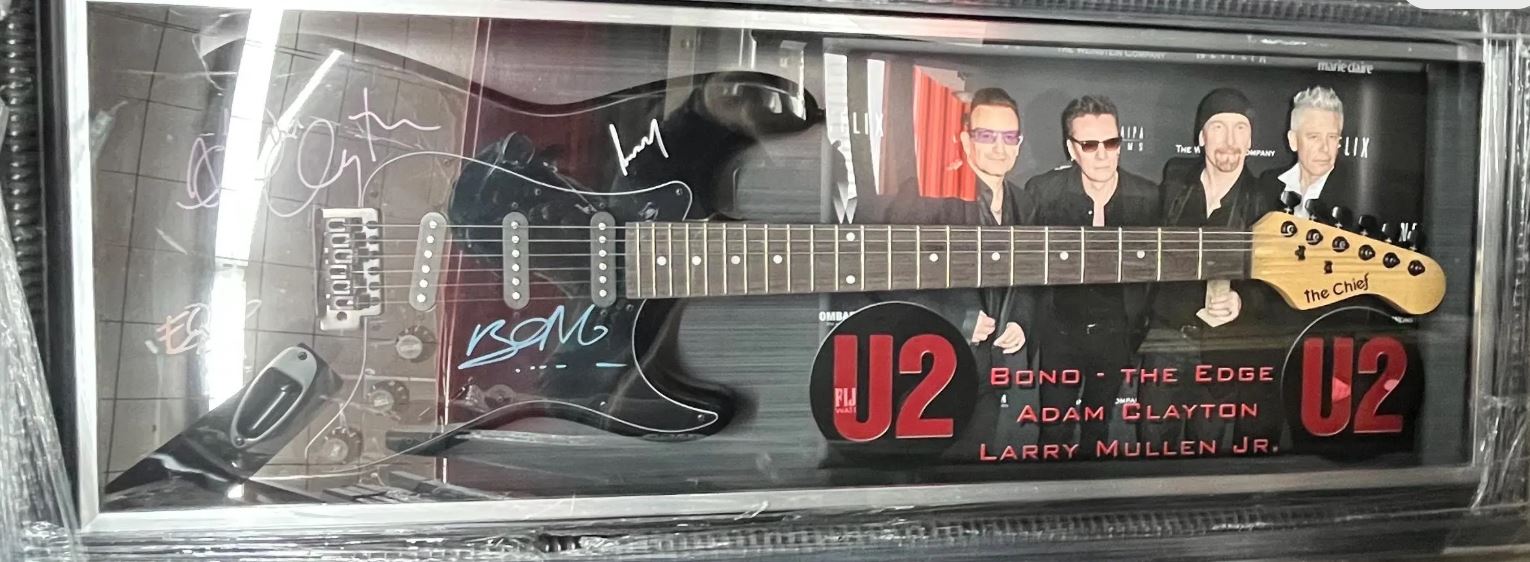 U2 Group Signed Guitar Shadowbox Framed